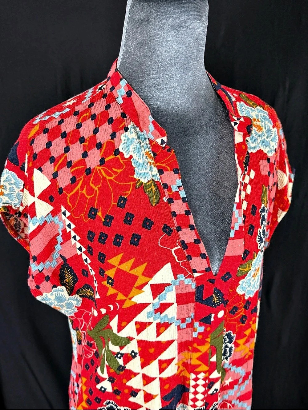 Cantao Red Geometric Print Shift Dress Size S/M Fun Party Resort-wear Cruise